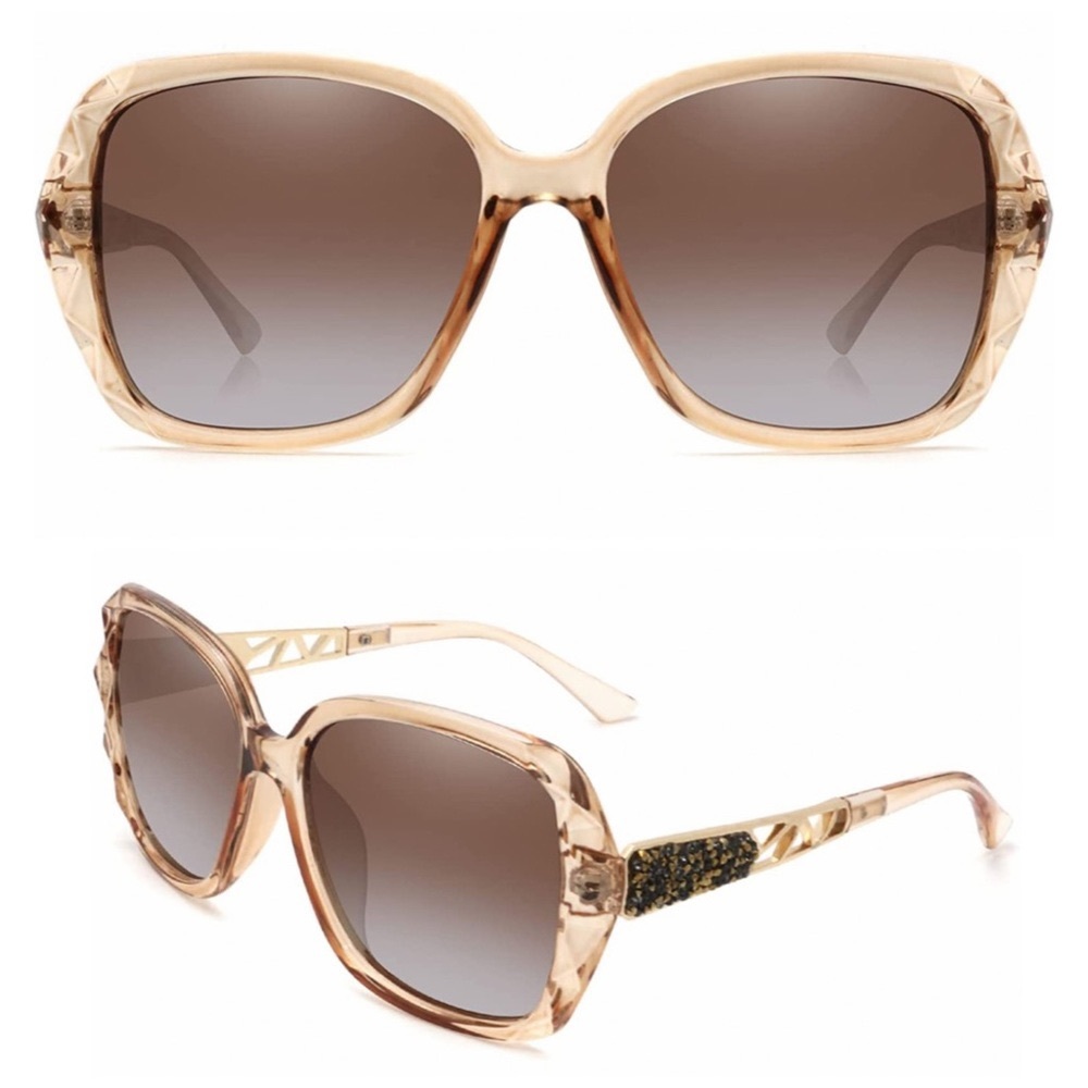 Brown & Gold Oversized Square Sunglasses Polarized Tinted w Crystal Frames Nwt - Picture 2 of 9